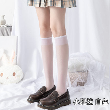 15D中筒日系JK风窄口半截小腿袜-白色  P-7330W