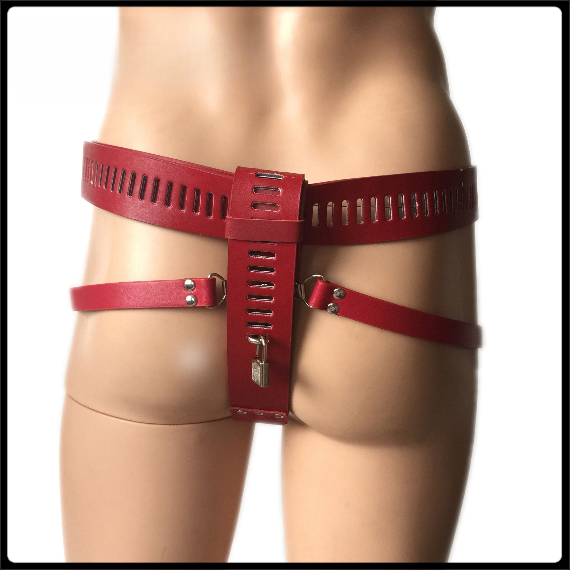 SM皮质男用贞操带金属铆钉金属链贞洁带(银/黑/红)