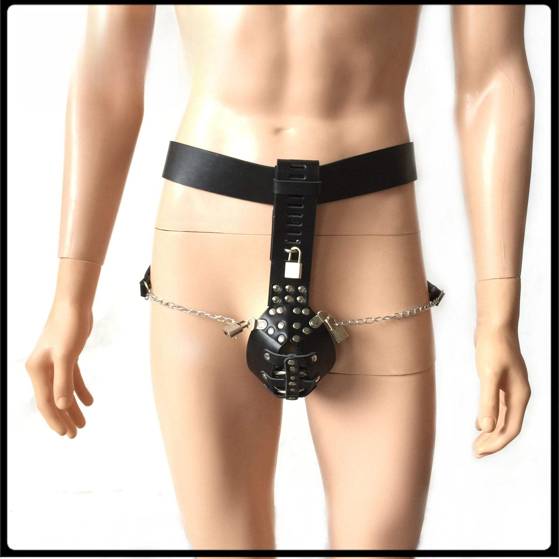 SM皮质男用贞操带金属铆钉金属链贞洁带(银/黑/红)