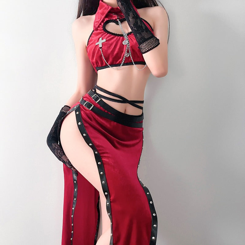 万圣节新品镂空铆钉十字链条紧身丝绒魔女战斗游戏制服 MP-497-8346