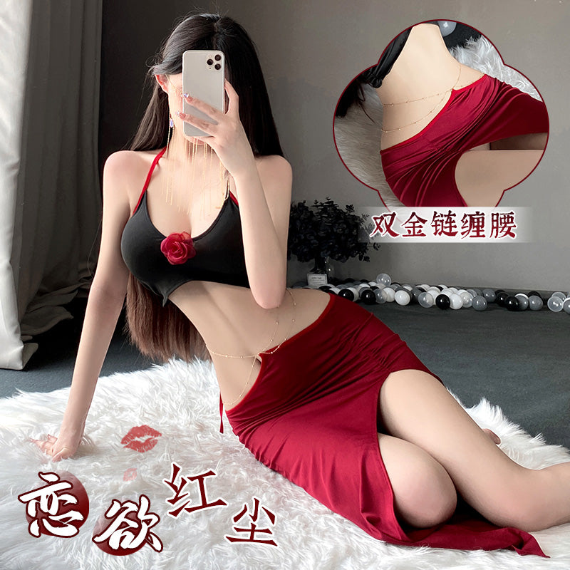 古风金色细链饰腰性感裸背美艳老板娘套装  F6615