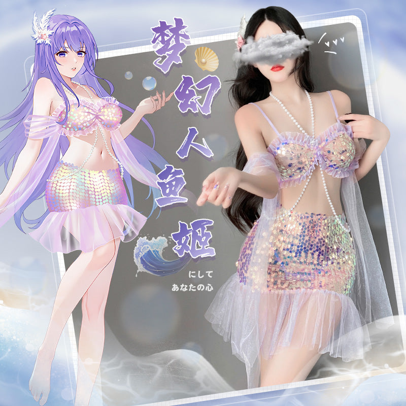 亮片珠链点缀梦幻紫色人鱼美姬套装  F6633