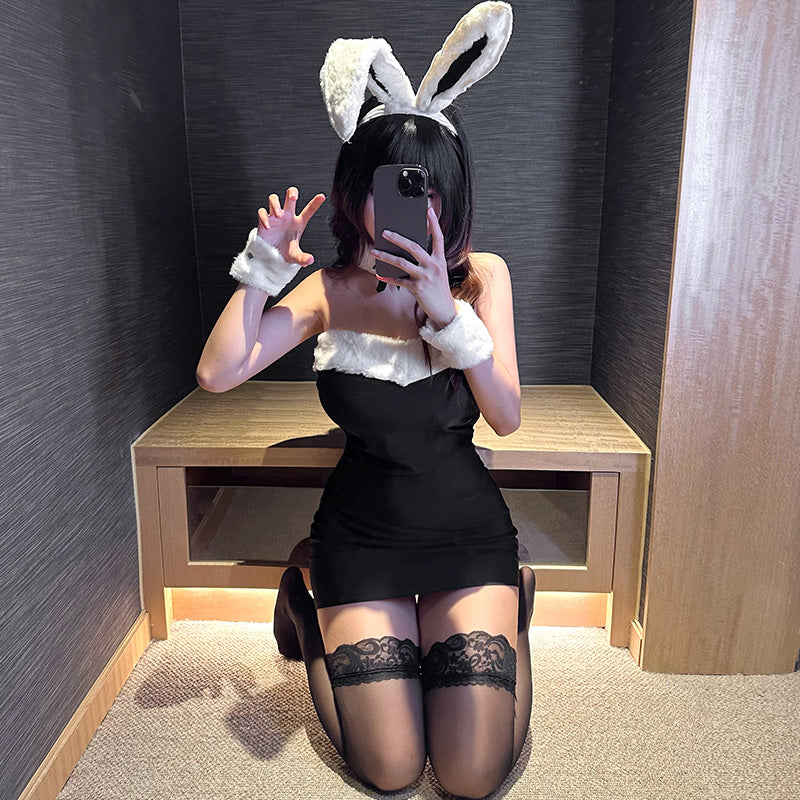 卡哇伊娇萌可爱毛绒兔女郎套装(粉/黑) F6990