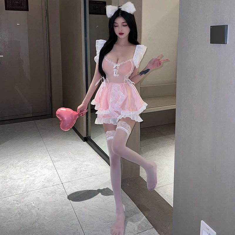 粉色甜美粉嫩猫耳花边木耳裙女佣猫女套装 Y2591 K