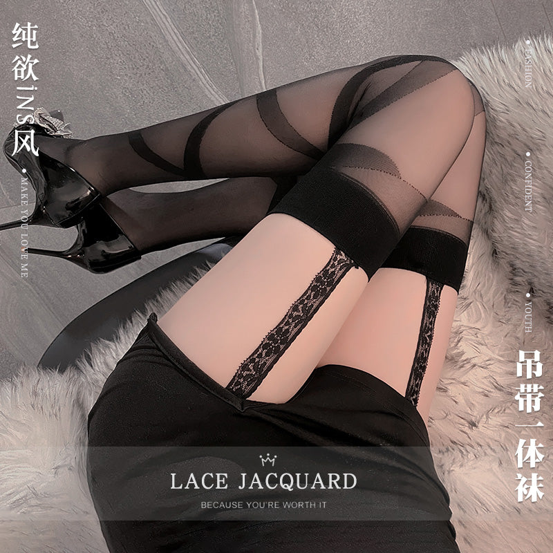 几何线条一体式蕾丝吊袜带连体裤 F7249