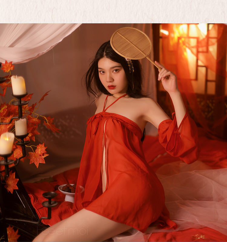 绝版!古典提花锻纱红幔齐胸透纱汉服套装 F7969