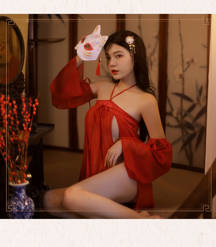 绝版!古典提花锻纱红幔齐胸透纱汉服套装 F7969
