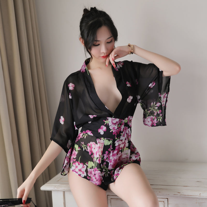 花卉图案短款性感包臀日式和服C1305(粉/黑)