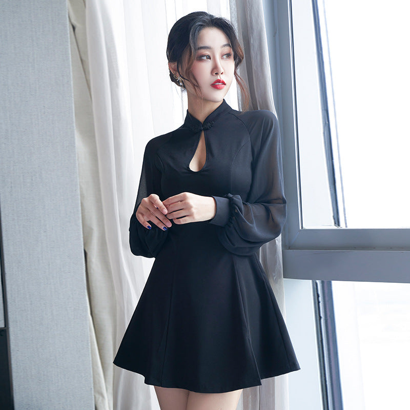 古典温婉立领镂空修身改良短款旗袍礼服 (粉/黑)X2173