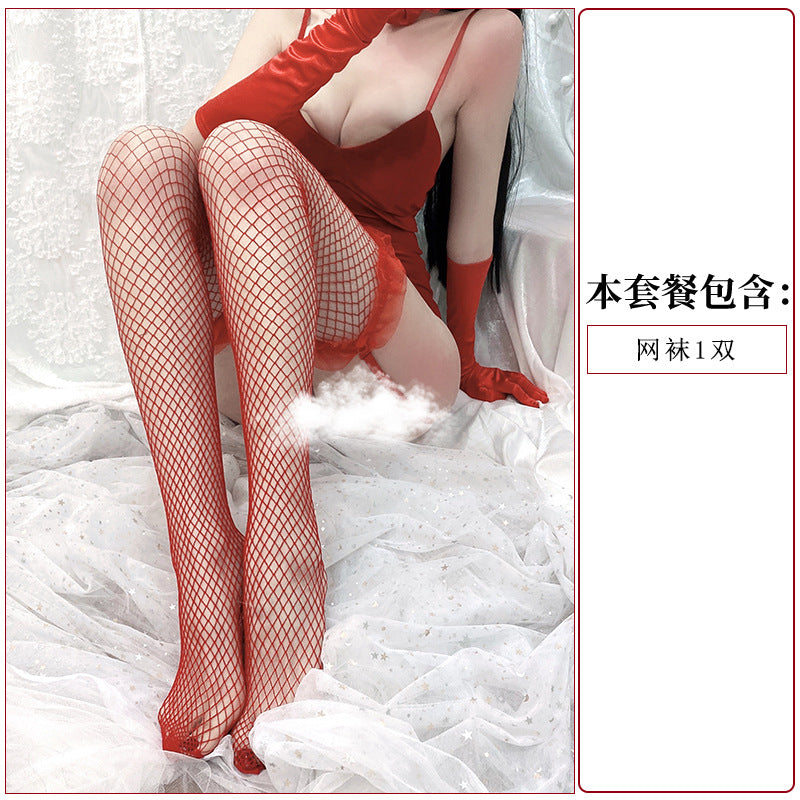 诱惑长筒过膝网纱边渔网丝袜 MP-3(黑/白/红)