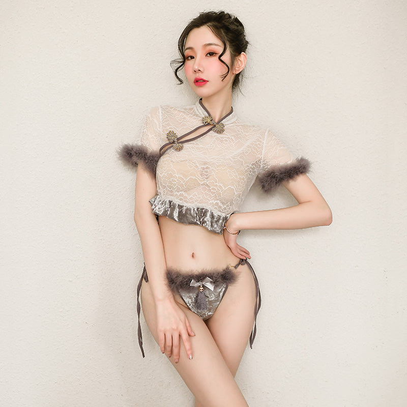 清韵古典立领透视蕾丝露腰旗袍套装F6937(黑/白)