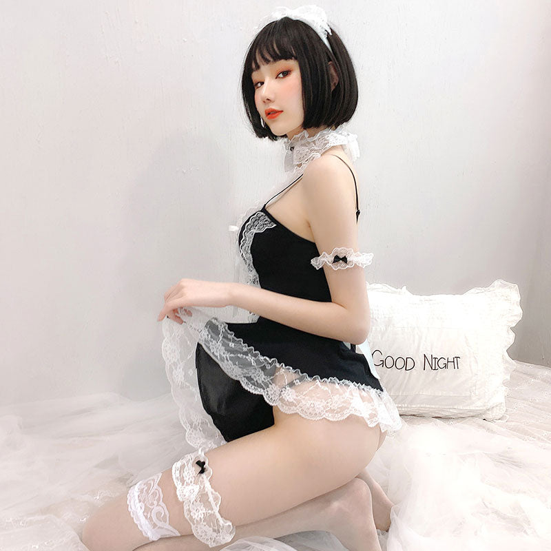 甜美蕾丝花边宫廷绑带心机小女仆套装(均码/大码)G612