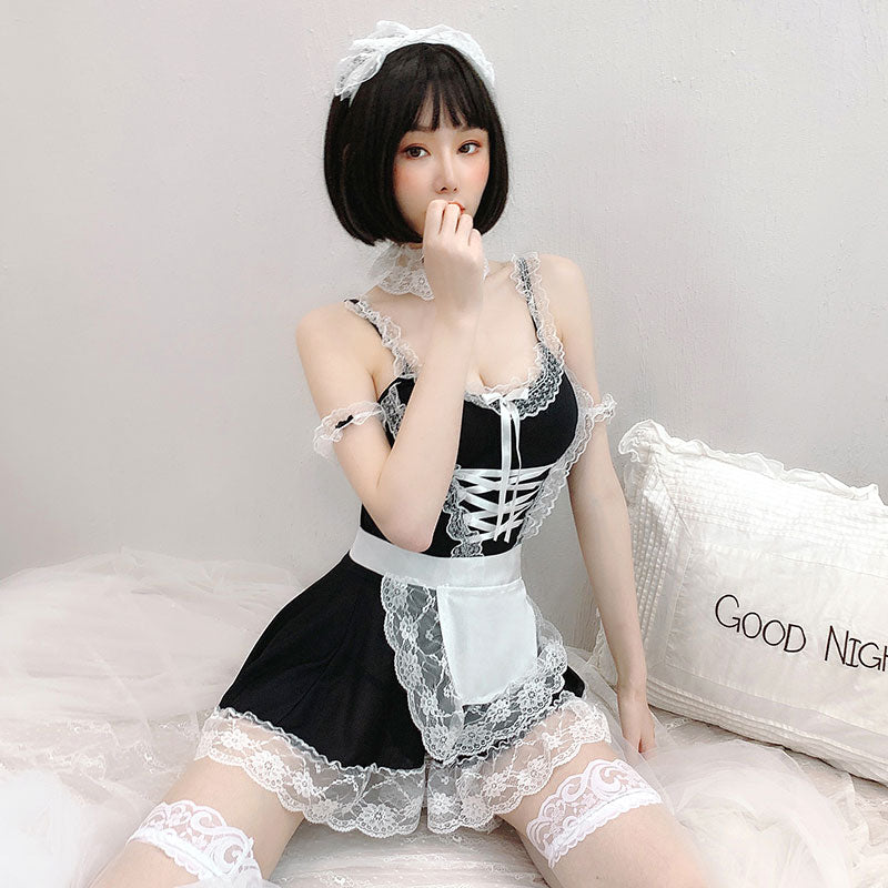 甜美蕾丝花边宫廷绑带心机小女仆套装(均码/大码)G612