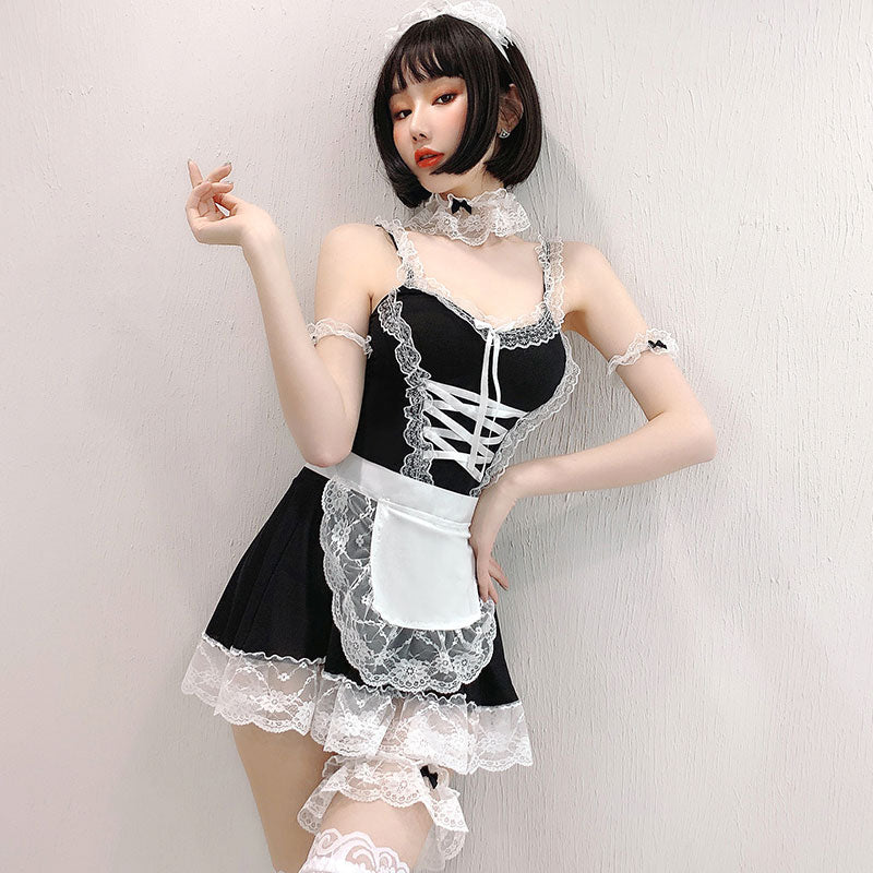 甜美蕾丝花边宫廷绑带心机小女仆套装(均码/大码)G612