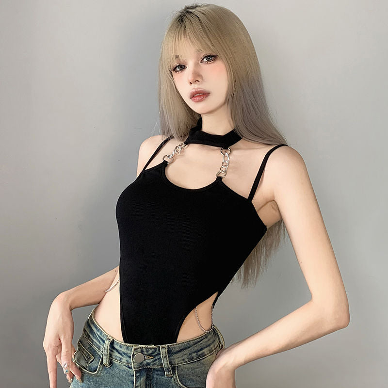 [25.11.13新品] 气质上衣可拆卸袖套挂脖链条吊带修身性感紧身连体衣L2216