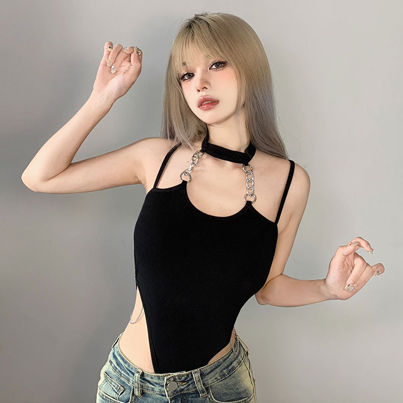 [25.11.13新品] 气质上衣可拆卸袖套挂脖链条吊带修身性感紧身连体衣L2216