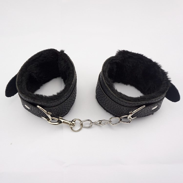 [25.08.22新品] SM束缚调教皮革金属链毛绒内衬不伤皮肤手铐脚铐(黑/红)