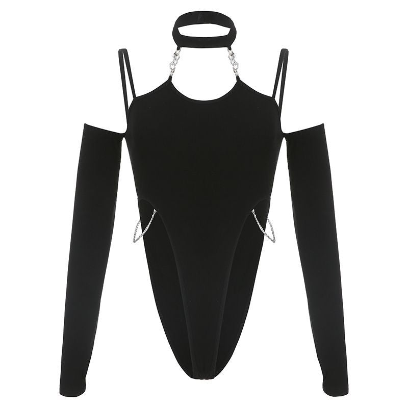 [25.11.13新品] 气质上衣可拆卸袖套挂脖链条吊带修身性感紧身连体衣L2216