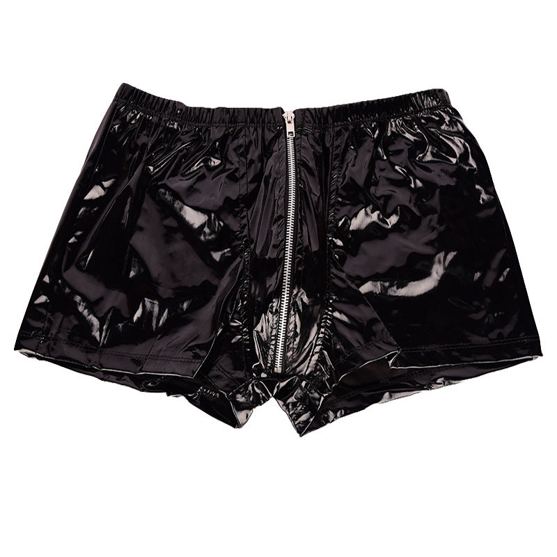 [25.11.18新品] 男士专用黑色U凸亮光拉链漆皮平角情趣短裤 J4157