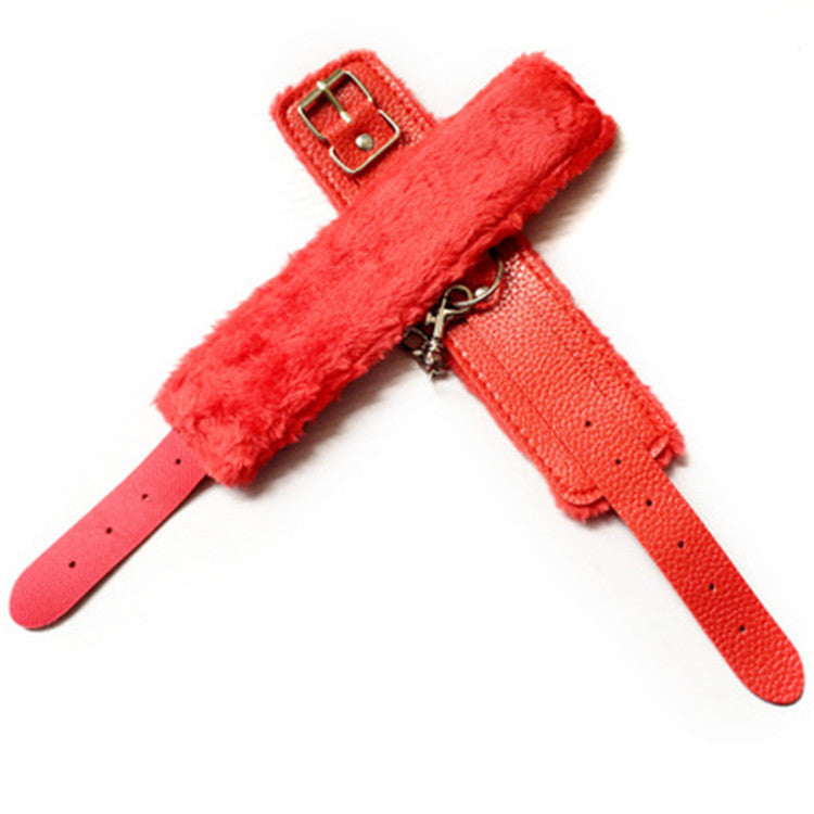 [25.08.22新品] SM束缚调教皮革金属链毛绒内衬不伤皮肤手铐脚铐(黑/红)