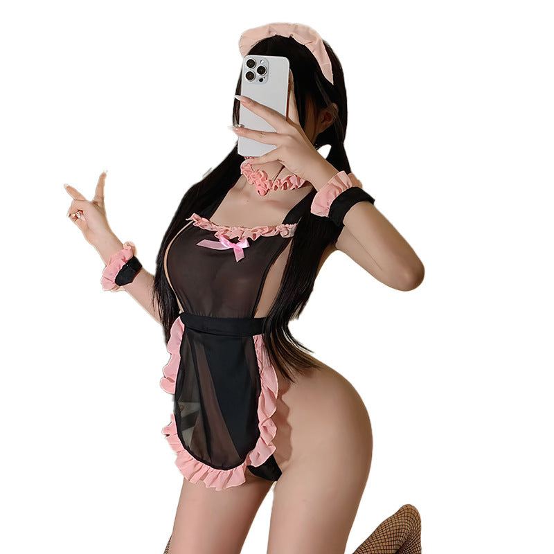 [26.02.22新品] 火辣诱惑性感透纱风情露背粉黑小女仆诱惑制服套装 FL909