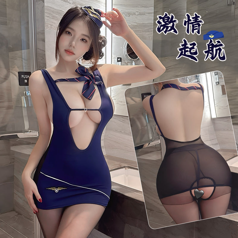 [26.05.12新品] 深V露胸透视美臀风情美背火辣空姐包臀制服套装 FL1018