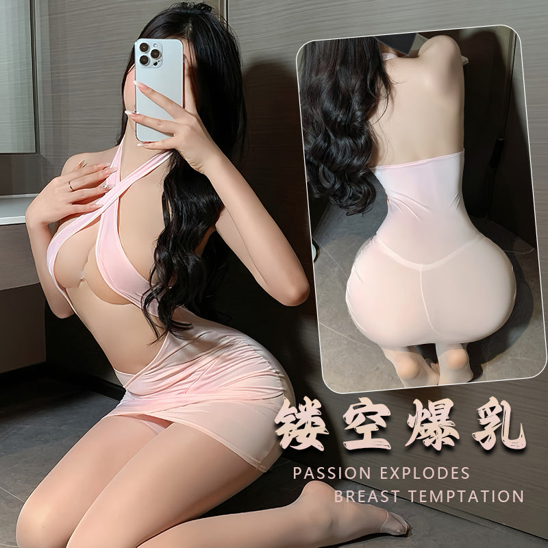 [26.04.15新品] 镂空爆乳胸部显大撩人诱惑粉色秘书连体包臀裙 FL912