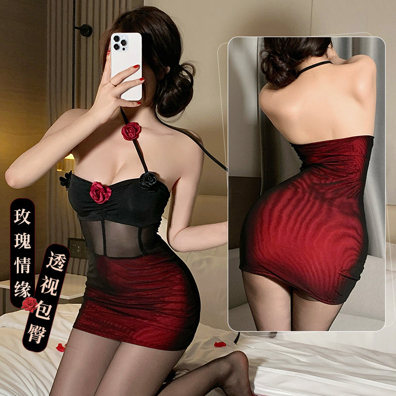 [26.03.09新品] 挂脖抹胸皱褶薄纱暗黑玫瑰韵味十足性感包臀裙 FL947