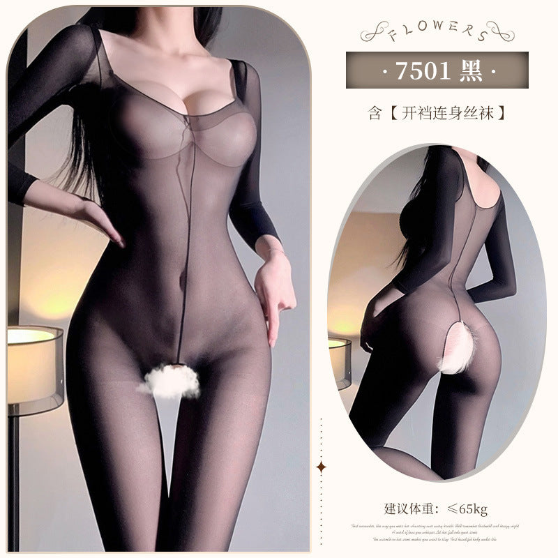 [25.11.20新品] 极度魅惑黑色超薄性感透视开裆连身丝袜 F7501