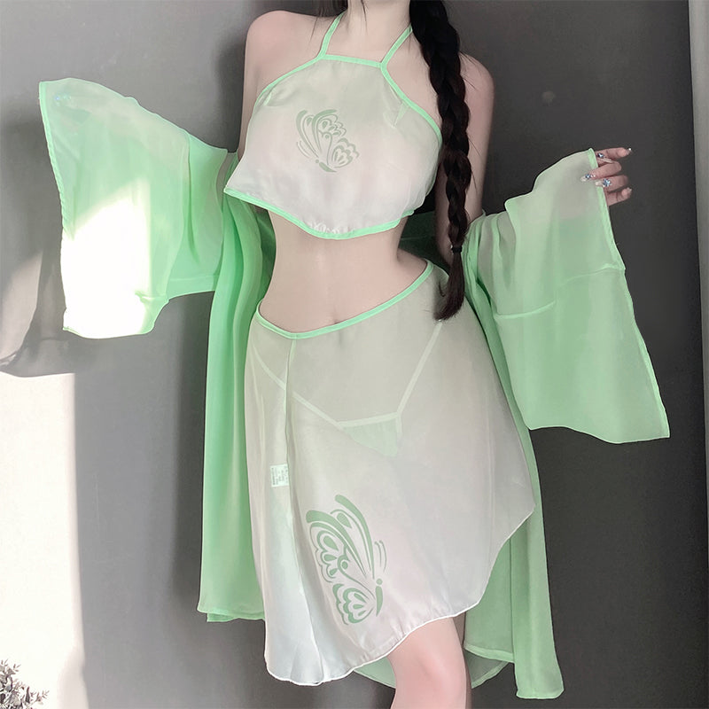 [25.06.08新品]挂脖肚兜轻纱披肩绿色小家碧玉透视古风汉服套装Y2862