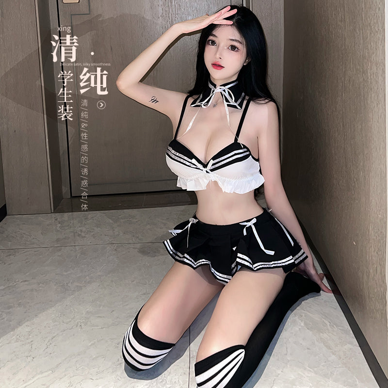 [25.06.14新品]羞涩清纯学妹露腰诱惑超短百褶裙纯欲学生装制服套装Y2546