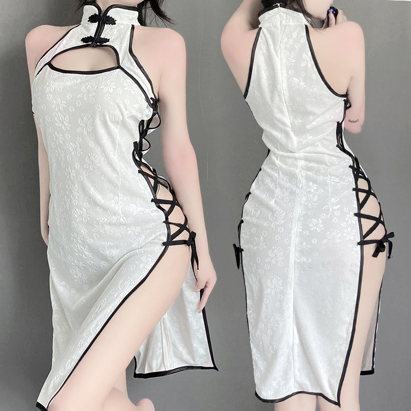 [25.07.01新品]胸前镂空腿侧绑带风情印花复古旗袍制服套装（黑/白）Y2374