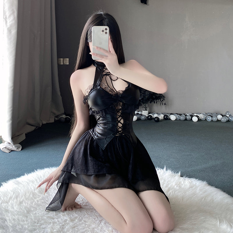 [25.05.08新品]热辣漆皮性感露沟蕾丝纯欲御姐女王裸背皮裙套装Y2810