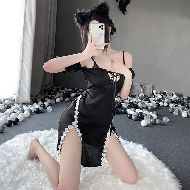 [25.06.01新品]性感系带镂空露背诱惑开叉吊带睡裙家居套装Y2536