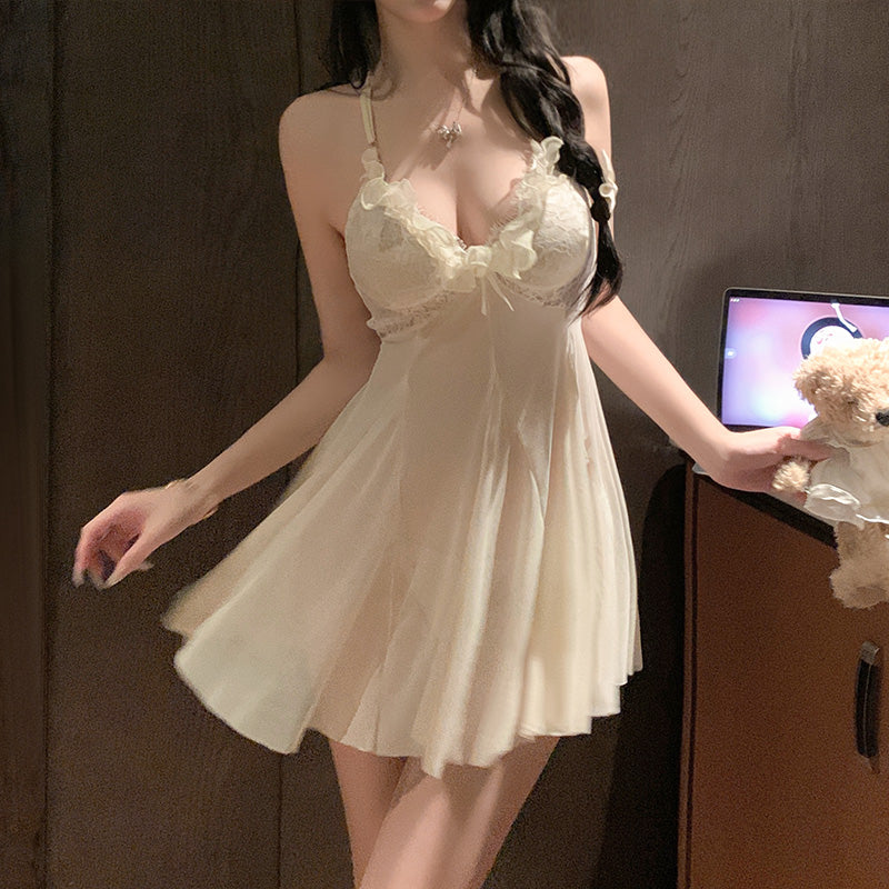 [25.10.03新品] 纯欲花边蕾丝亲肤柔纱钓系深V透视奶芙连衣睡裙 F6213