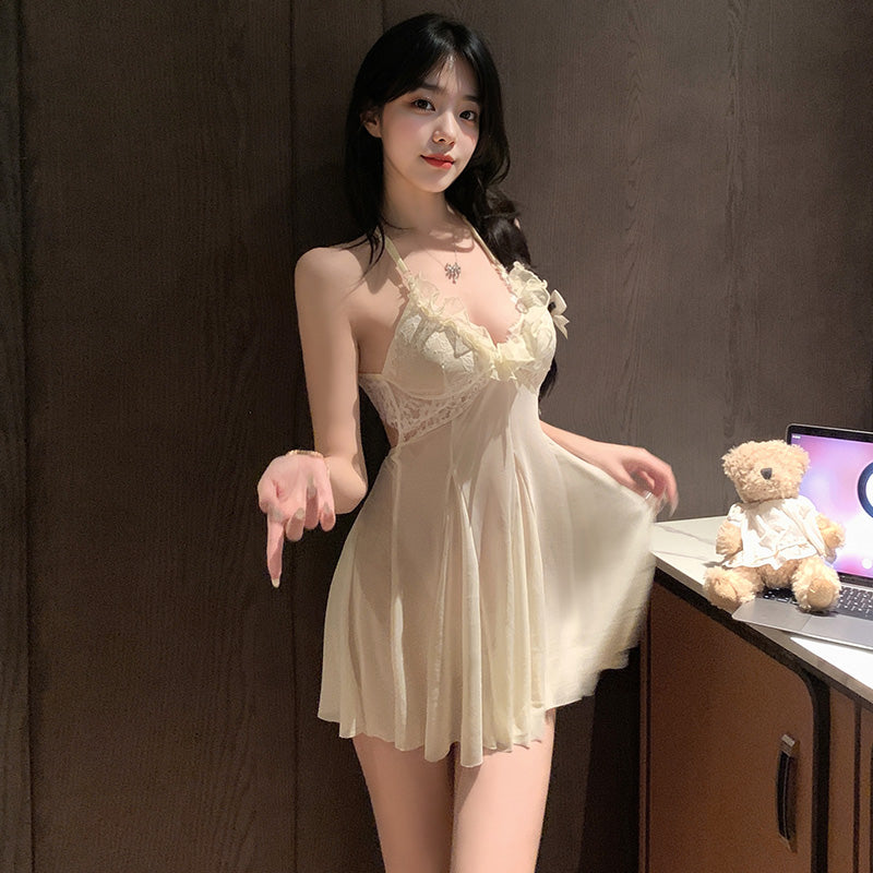 [25.10.03新品] 纯欲花边蕾丝亲肤柔纱钓系深V透视奶芙连衣睡裙 F6213