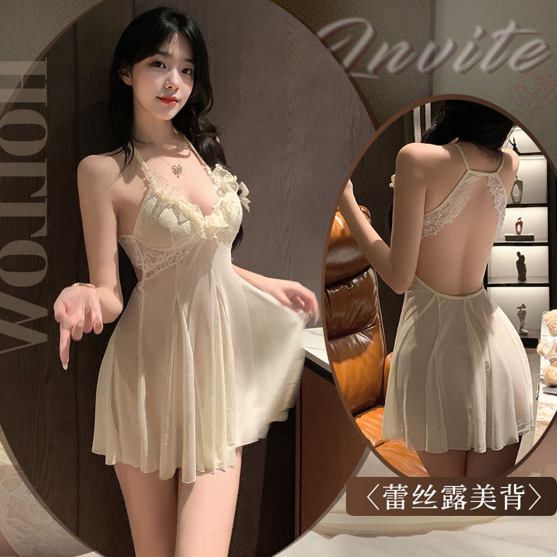[25.10.03新品] 纯欲花边蕾丝亲肤柔纱钓系深V透视奶芙连衣睡裙 F6213