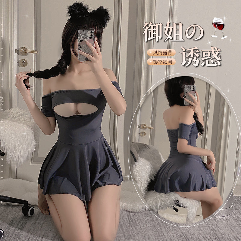 [25.04.25新品]性感开襟心机镂空纯欲战袍魅惑冰丝睡裙(灰/白/黑) Y8015
