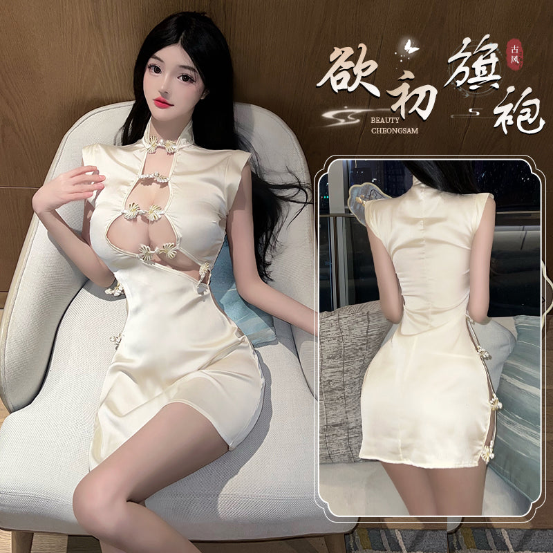 [25.09.27新品]纯欲小胸显大复古旗袍连衣裙性感床上战袍套装（杏/黑）Y8413