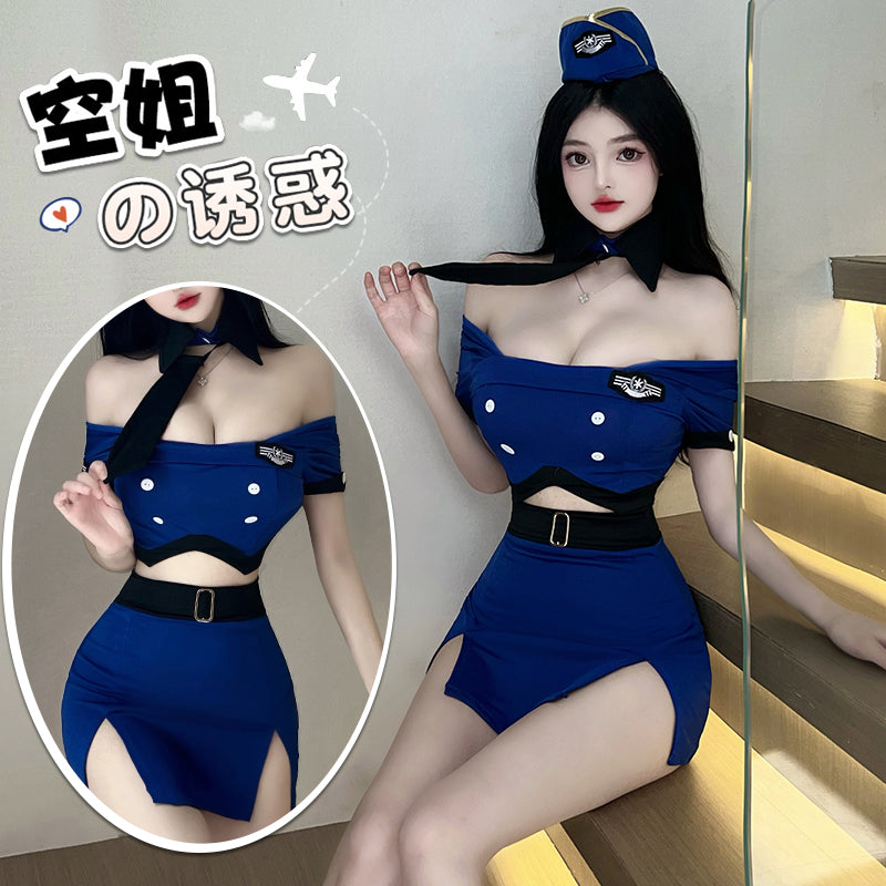 [25.04.04新品]性感空姐火辣蓝色战袍免脱调情制服诱惑（蓝/白）Y2733