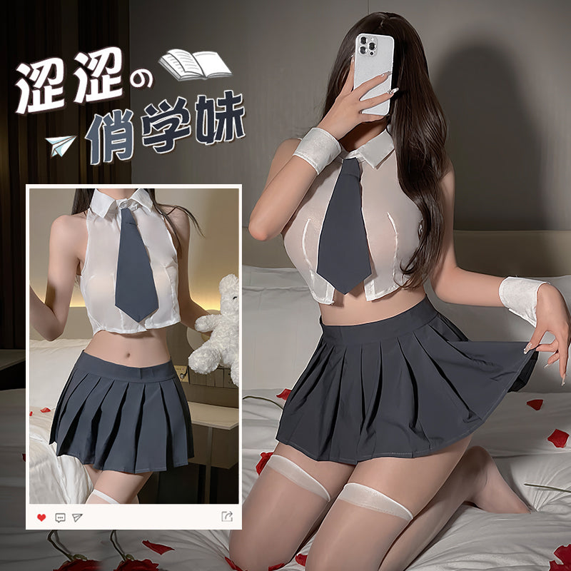 [25.04.21新品]活力学院风可吃奶露腰超短百褶裙学生套装Y8318