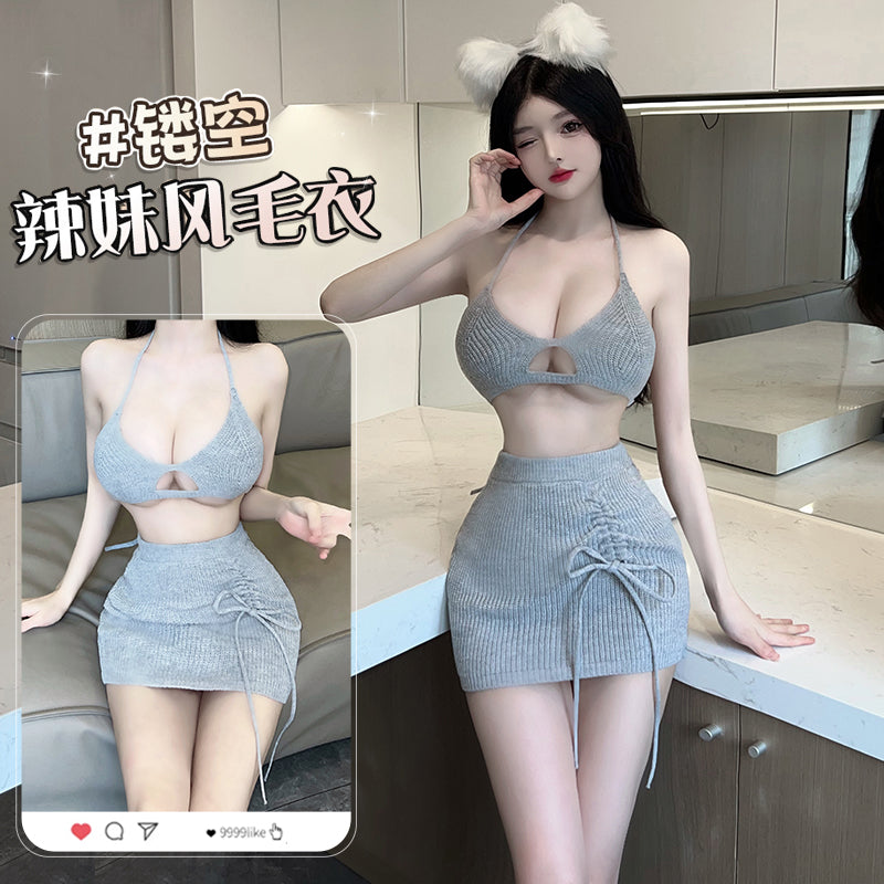 [25.04.05新品]性感挂脖系带露胸火辣免脱情趣毛衣（灰/黑）Y2847