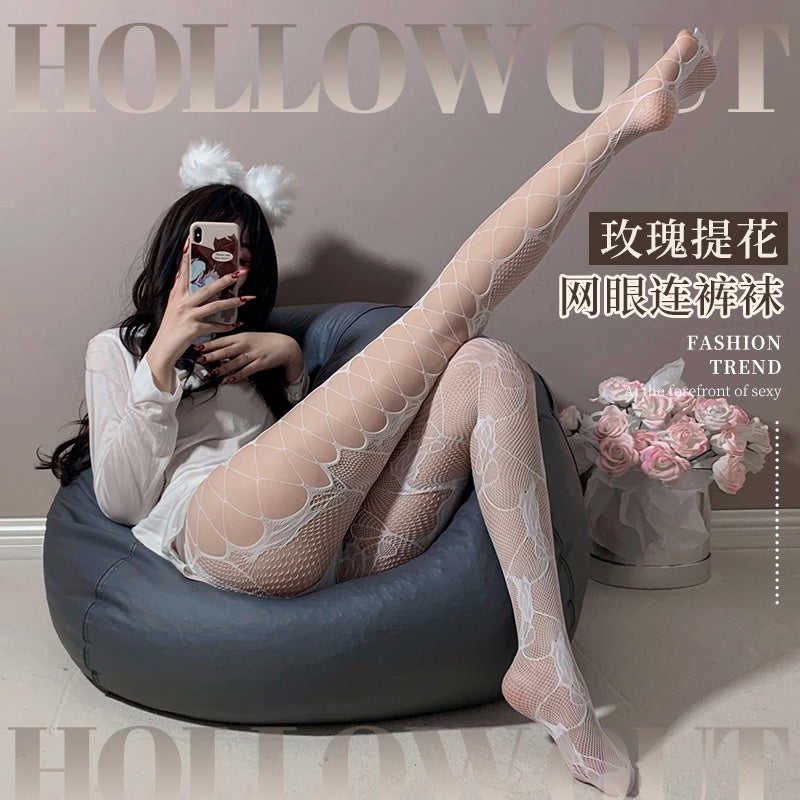 [26.03.07新品] 玫瑰提花网眼侧面镂空透肤诱惑高腰连裤网袜(黑/白) F7340