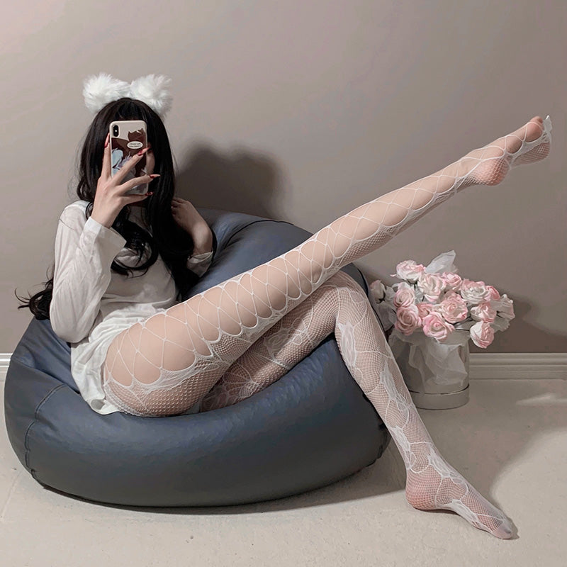 [26.03.07新品] 玫瑰提花网眼侧面镂空透肤诱惑高腰连裤网袜(黑/白) F7340