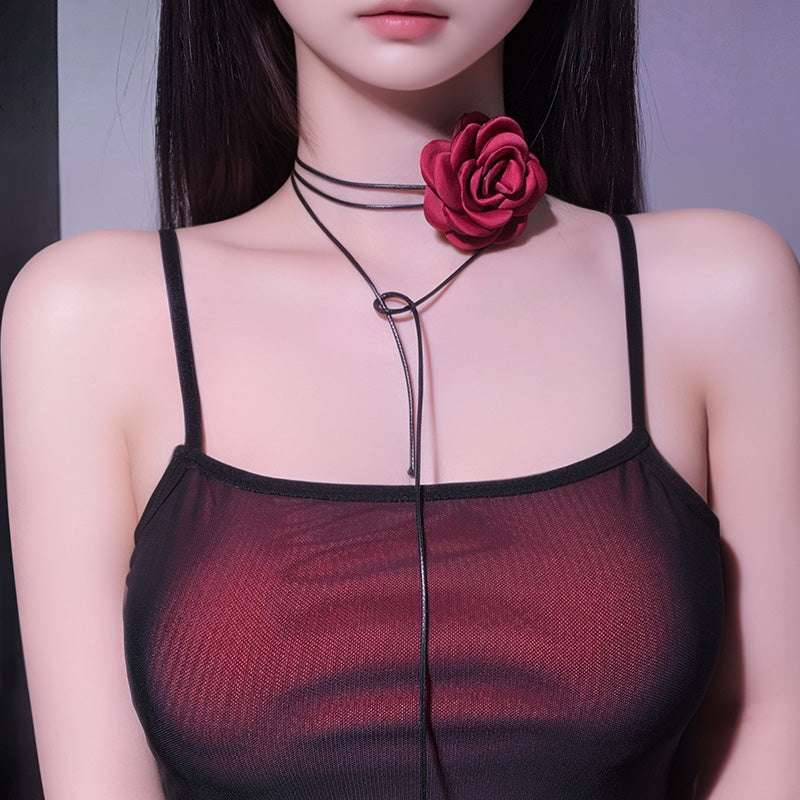 [25.04.26新品] 优雅INS风自由系带多层花瓣细长光滑圆绳玫瑰花颈环 F7661 W