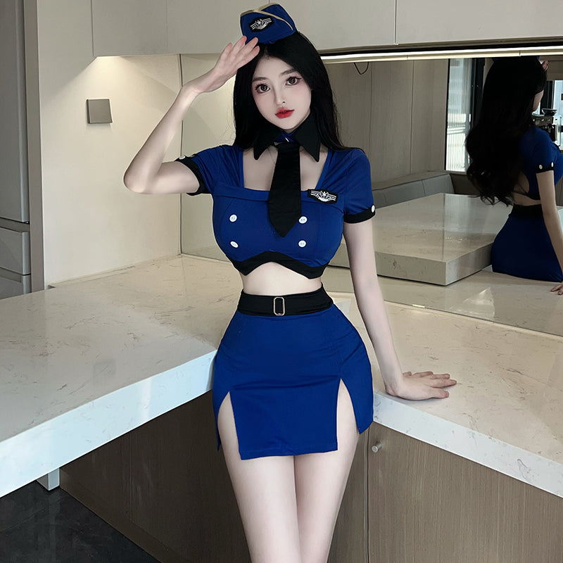 [25.04.04新品]性感空姐火辣蓝色战袍免脱调情制服诱惑（蓝/白）Y2733
