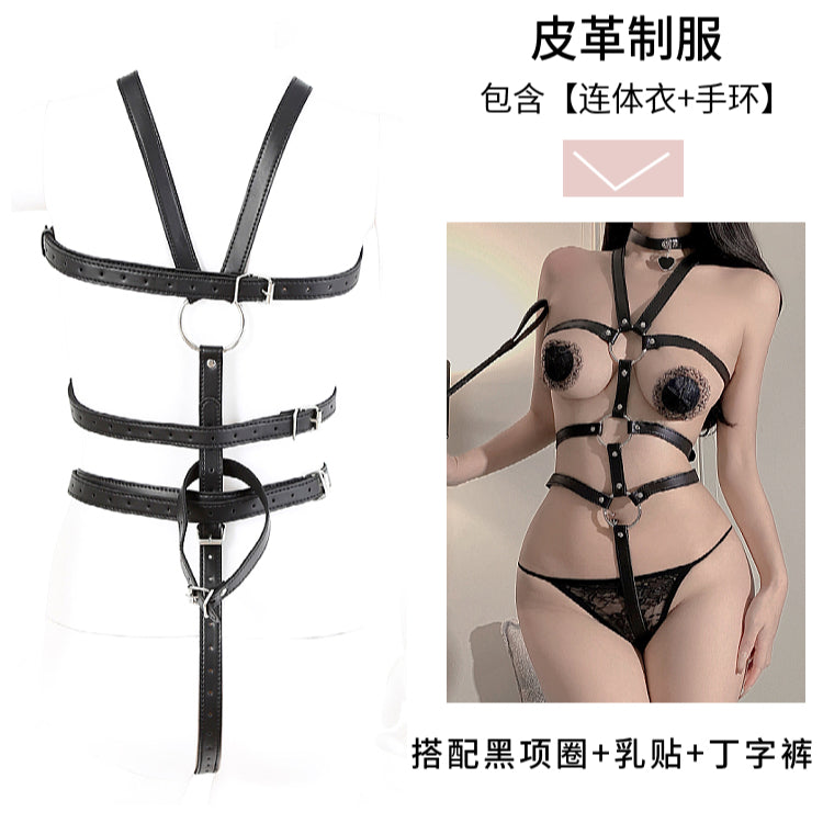 [25.02.01新品] SM调情连体束缚黑色皮革捆绑镂空开档露乳皮衣制服MP-355 Q