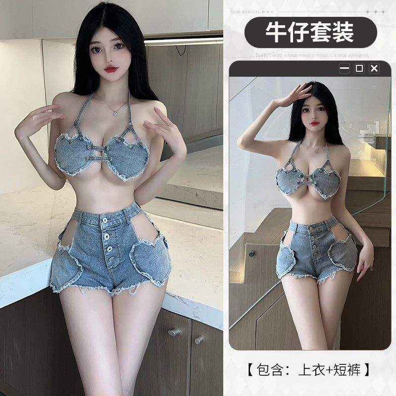 [25.04.22新品]激情免脱火辣诱惑床上调情牛仔超短裤全套制服Y2854