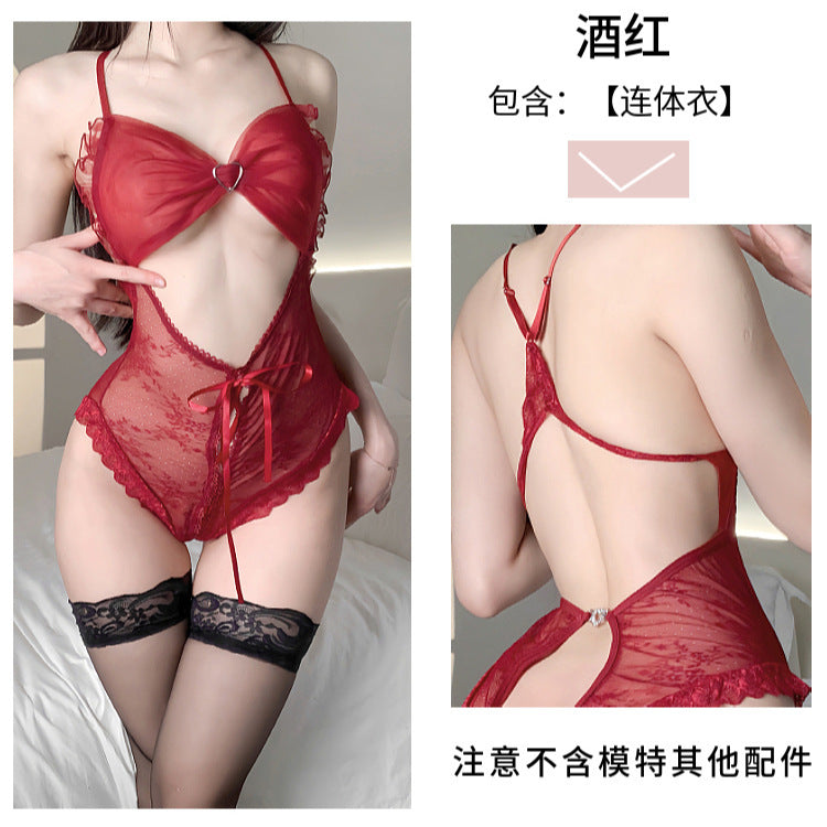 [25.05.16新品]性感蕾丝胸前蝴蝶结开档连体衣吊带睡衣套装（酒红/白/黑）MP-895