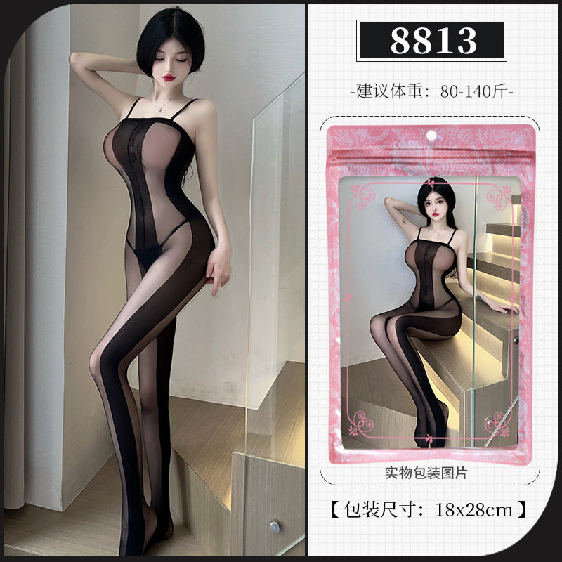 [25.09.04新品]性感大码开裆免脱激情诱惑火辣调情黑色竖条连身网衣Y8813